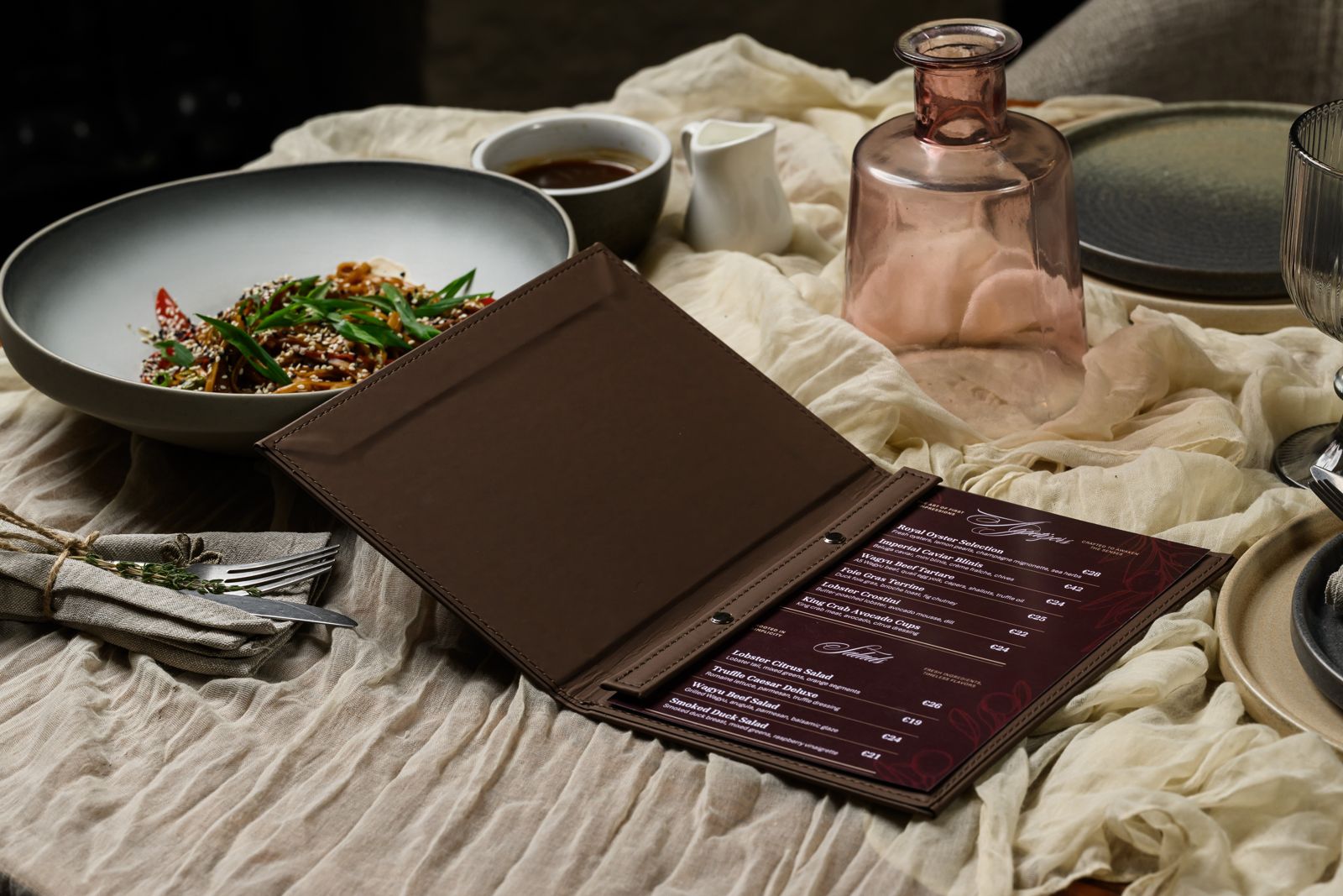 Brown leather menu cover with wine list