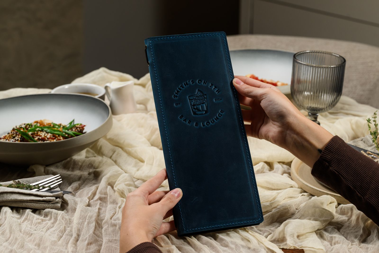 Tall navy nubuck drinks menu cover