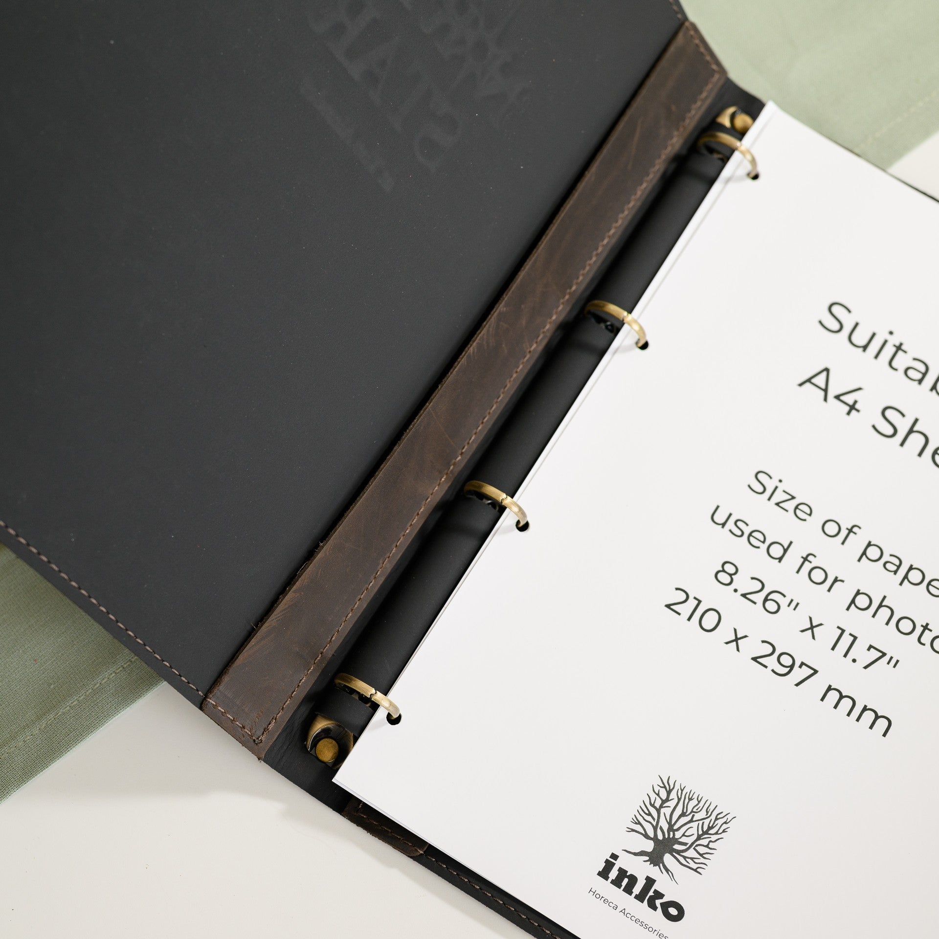 Leather Menu Folder with Brass Ring Binder and Corner Mountings suitable for A4 Sheets (LM11A4) - inkohoreca - shop