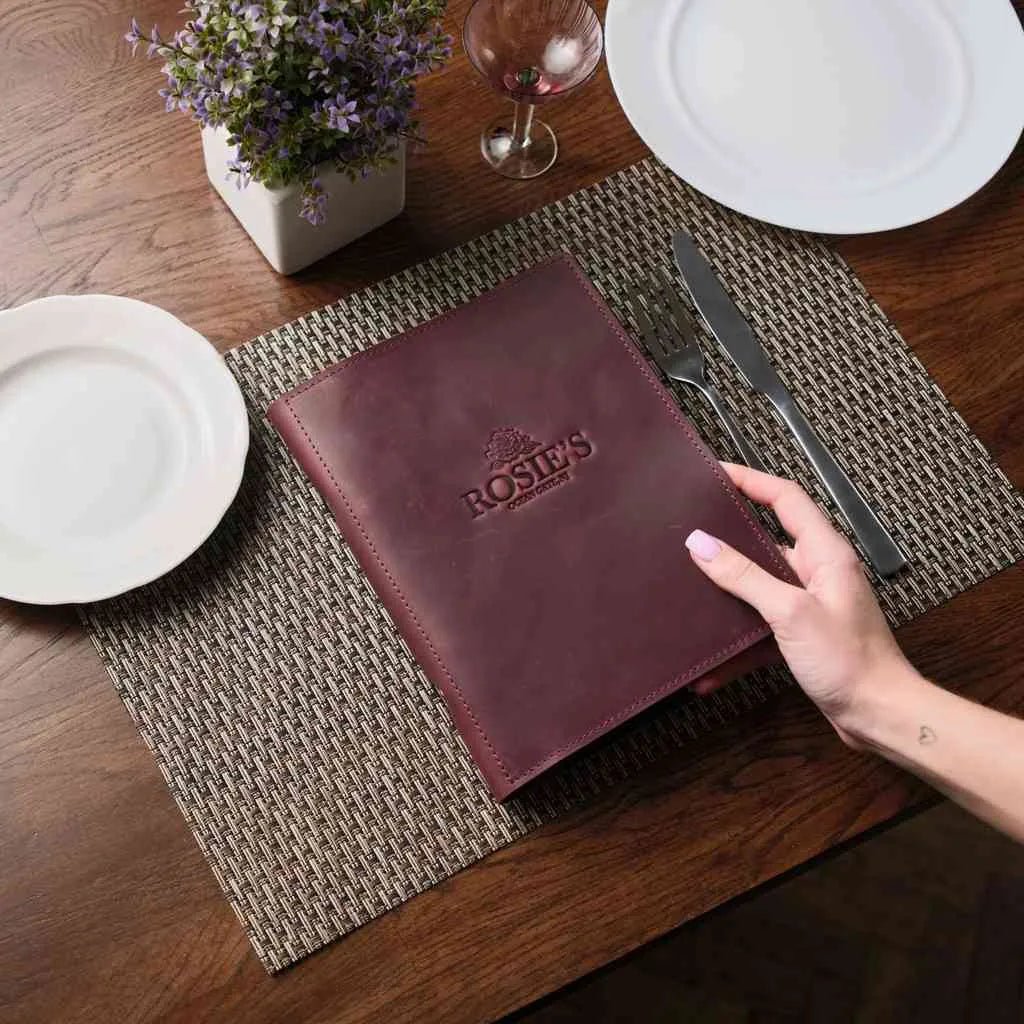 Leather Menu Folder with Brass Ring Binder and Corner Mountings suitable for US Half Letter / A5 Sheets (LM11A5) - inkohoreca - shop