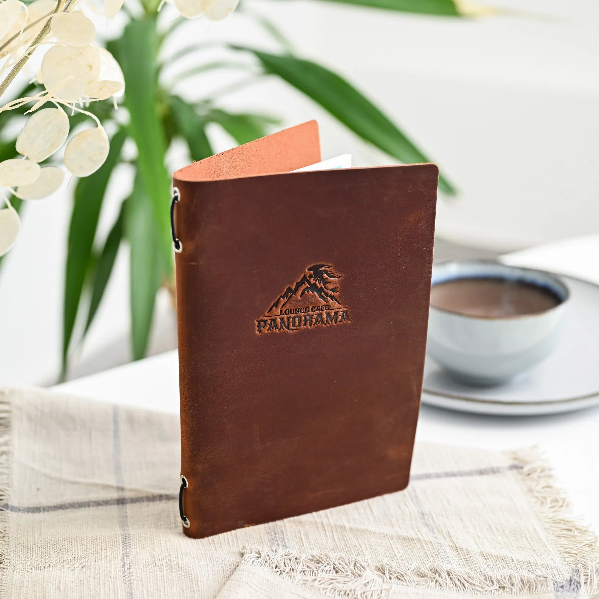 Leather Menu Holder with Rubber String fixing with Crazy Horse leather (LM06A5) - inkohoreca - shop