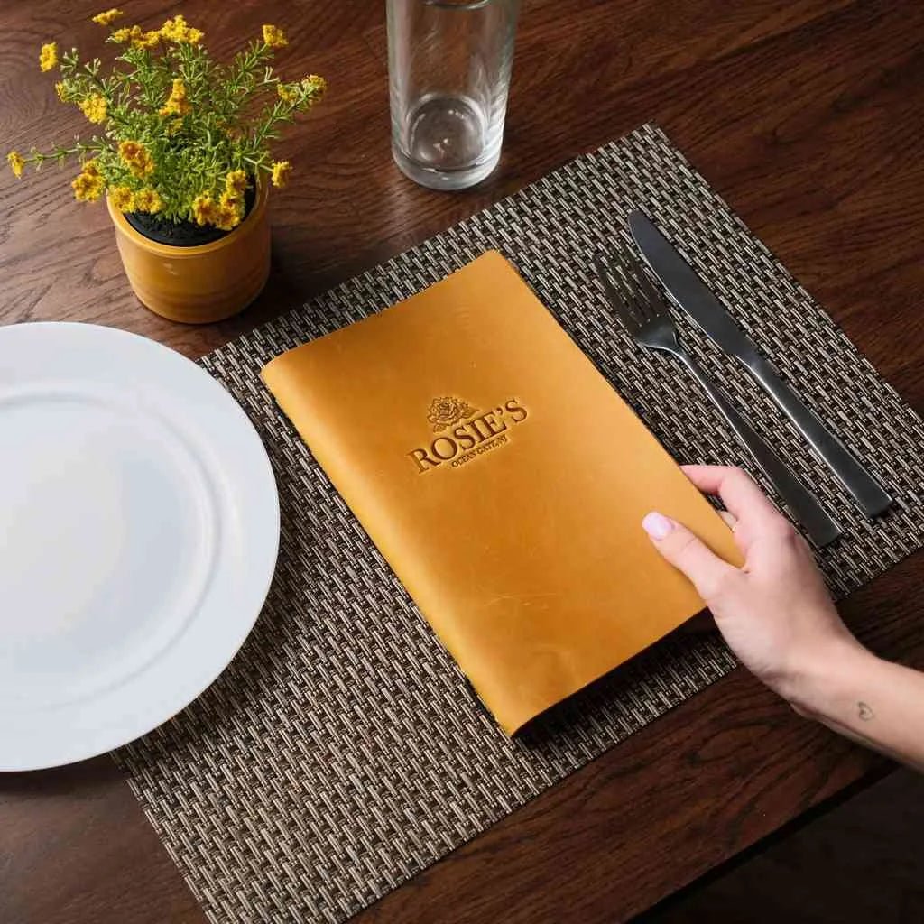 Leather Menu Holder with Rubber String fixing with Crazy Horse leather (LM06A5) - inkohoreca - shop