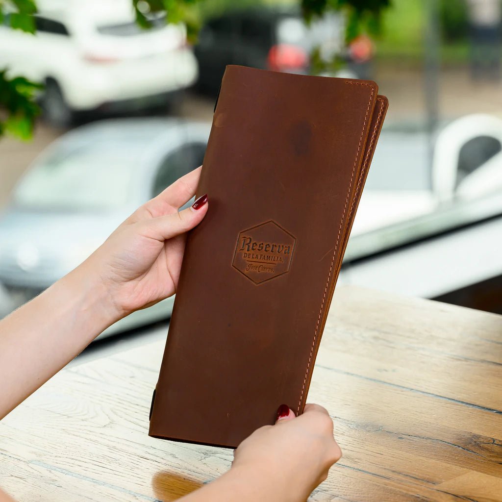 Leather Menu Holder with Rubber String fixing with Crazy Horse leather (LM06A6) - inkohoreca - shop