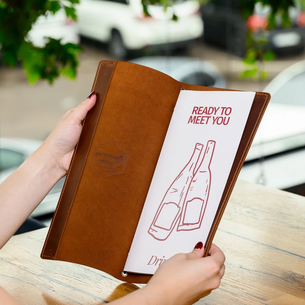 Leather Menu Holder with Rubber String fixing with Crazy Horse leather (LM06A6) - inkohoreca - shop