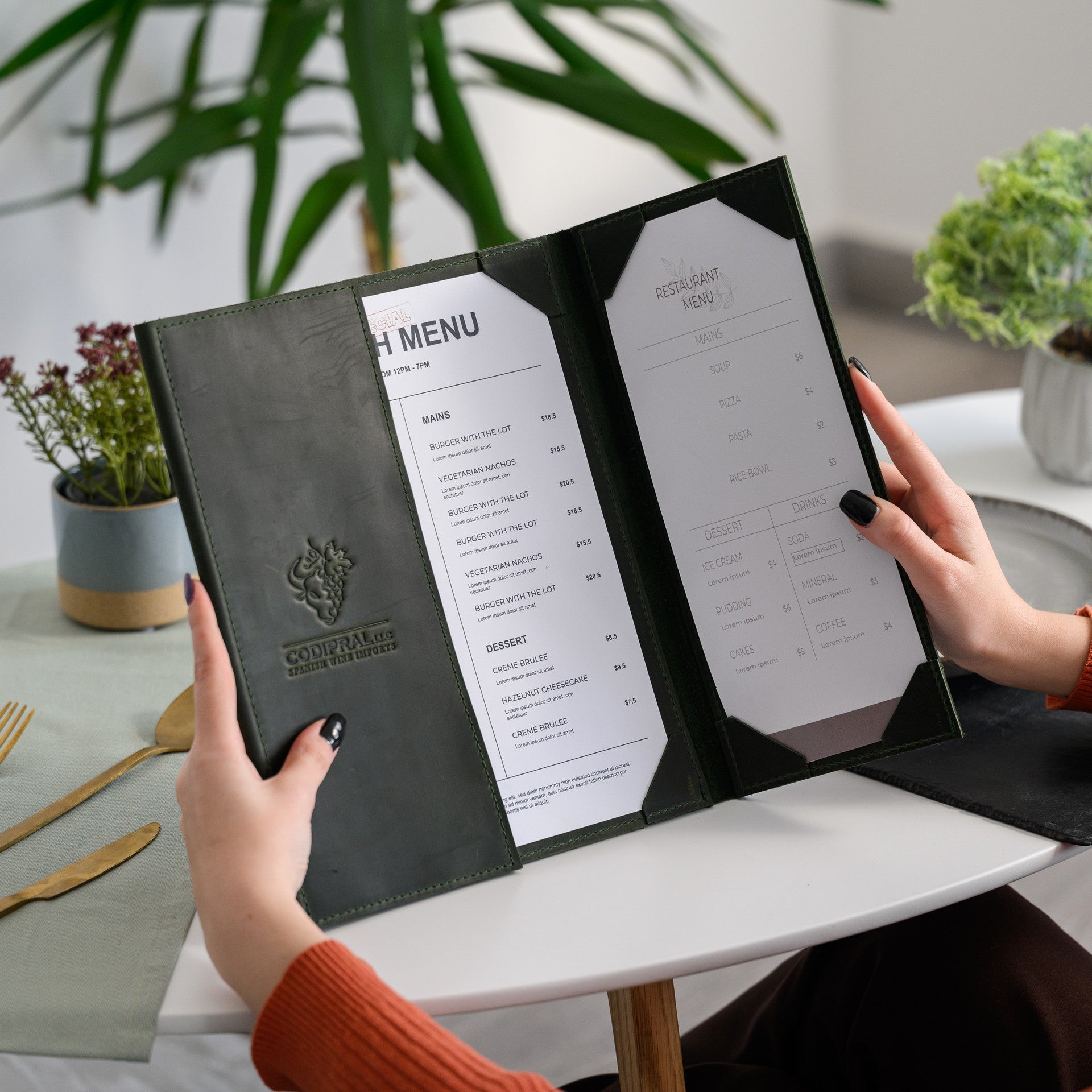 Leather Trifold Menu Holder with one field for US Letter Sheet and two fields for Half of Letter (LM17A2) - inkohoreca - shop