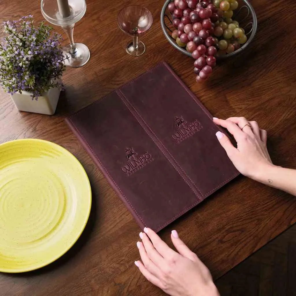 Premium leather trifold menu cover with three display panels for US Letter and half-letter inserts.