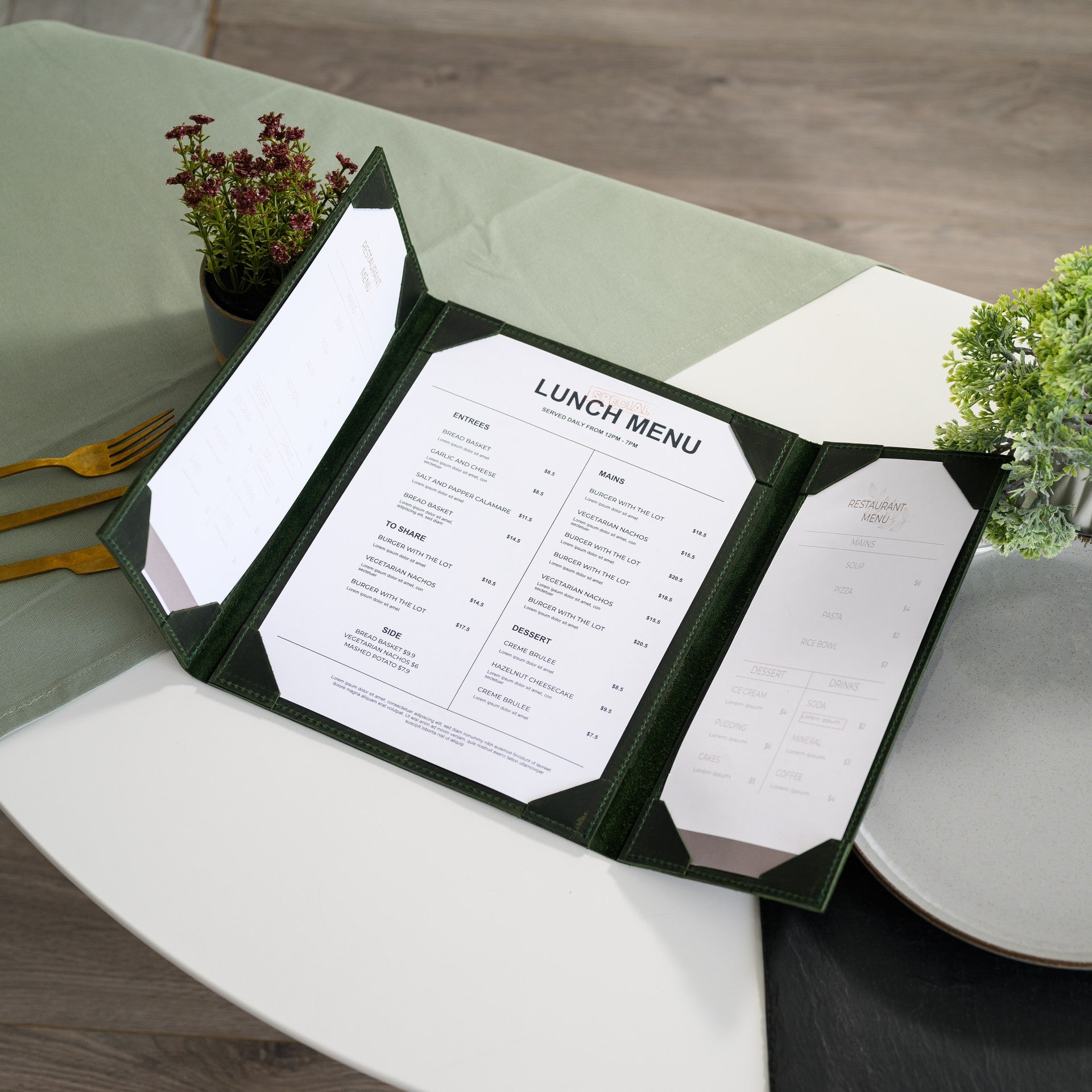 Leather Trifold Menu Holder with one field for US Letter Sheet and two fields for Half of Letter (LM17A2) - inkohoreca - shop