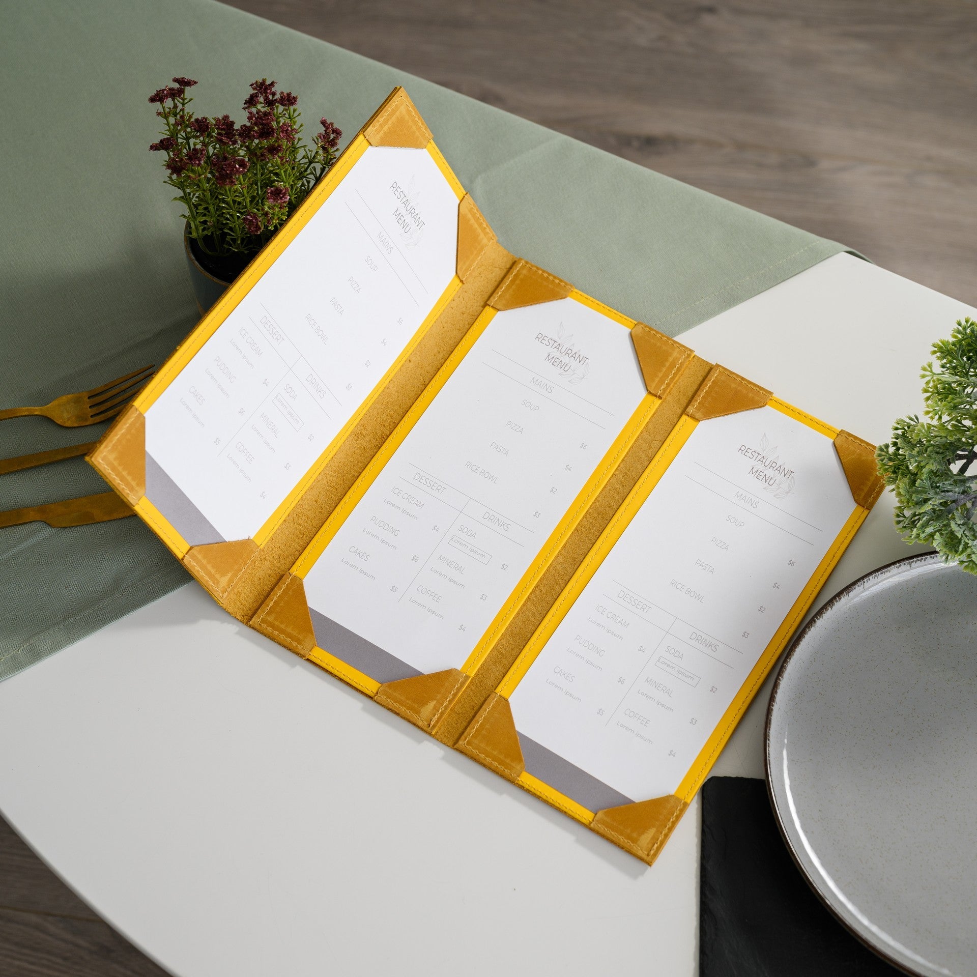 Leather Trifold Menu Holder with Three fields and Corner Mountings (LM15A2) - inkohoreca - shop