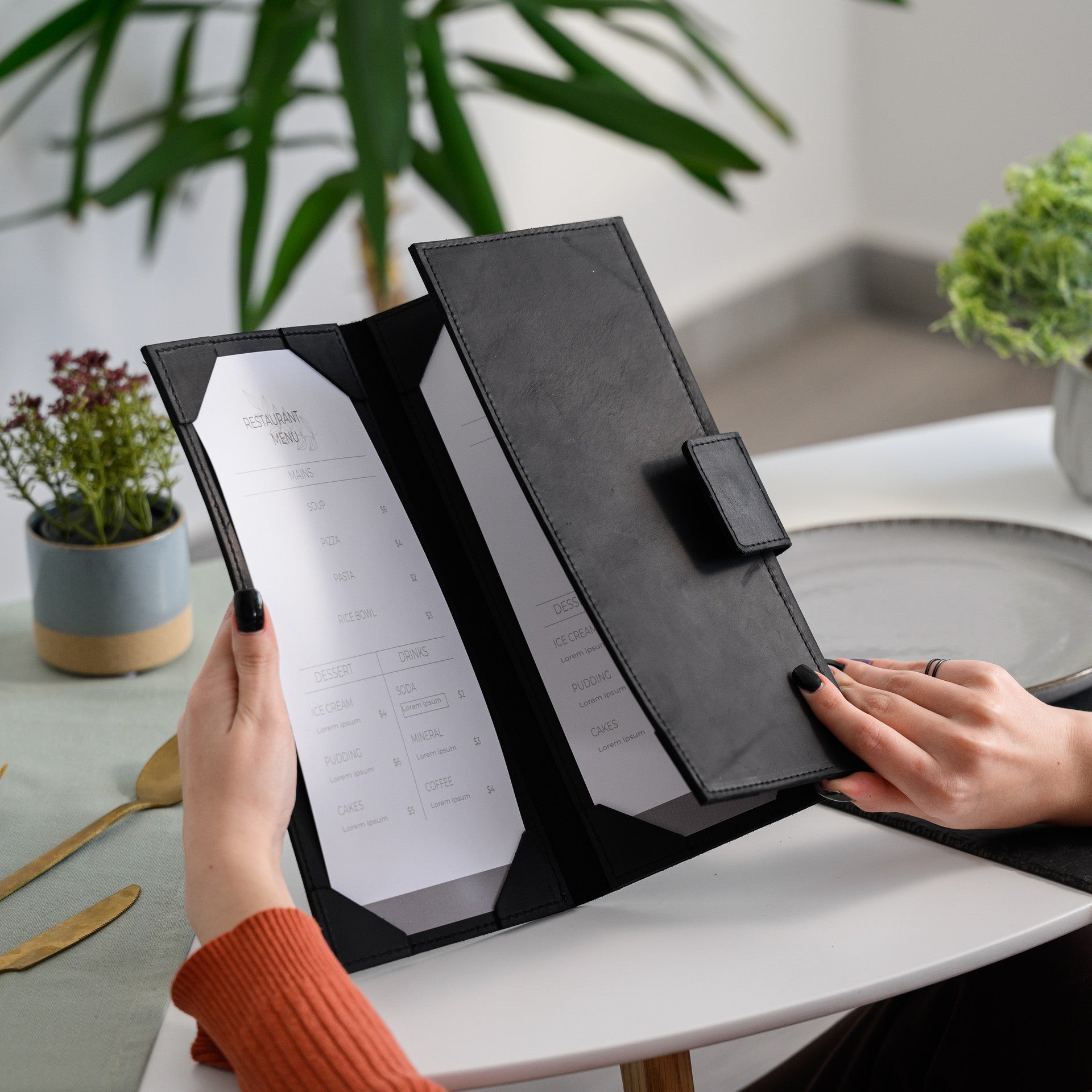 Leather Trifold Menu Holder with Three fields and Magnetic Snap (LM16A2) - inkohoreca - shop