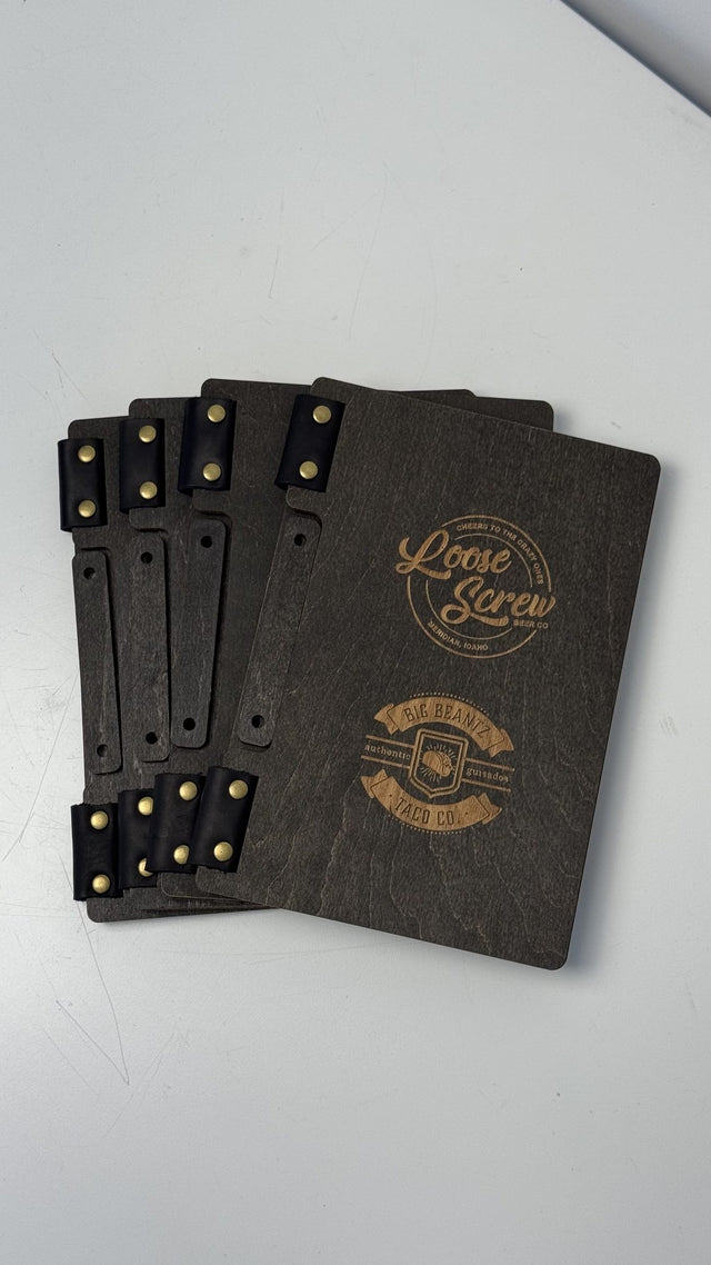 Painted plywood menu folders, leather hinge for Loose Screw Beer Co. & Big Beantz Taco Co.