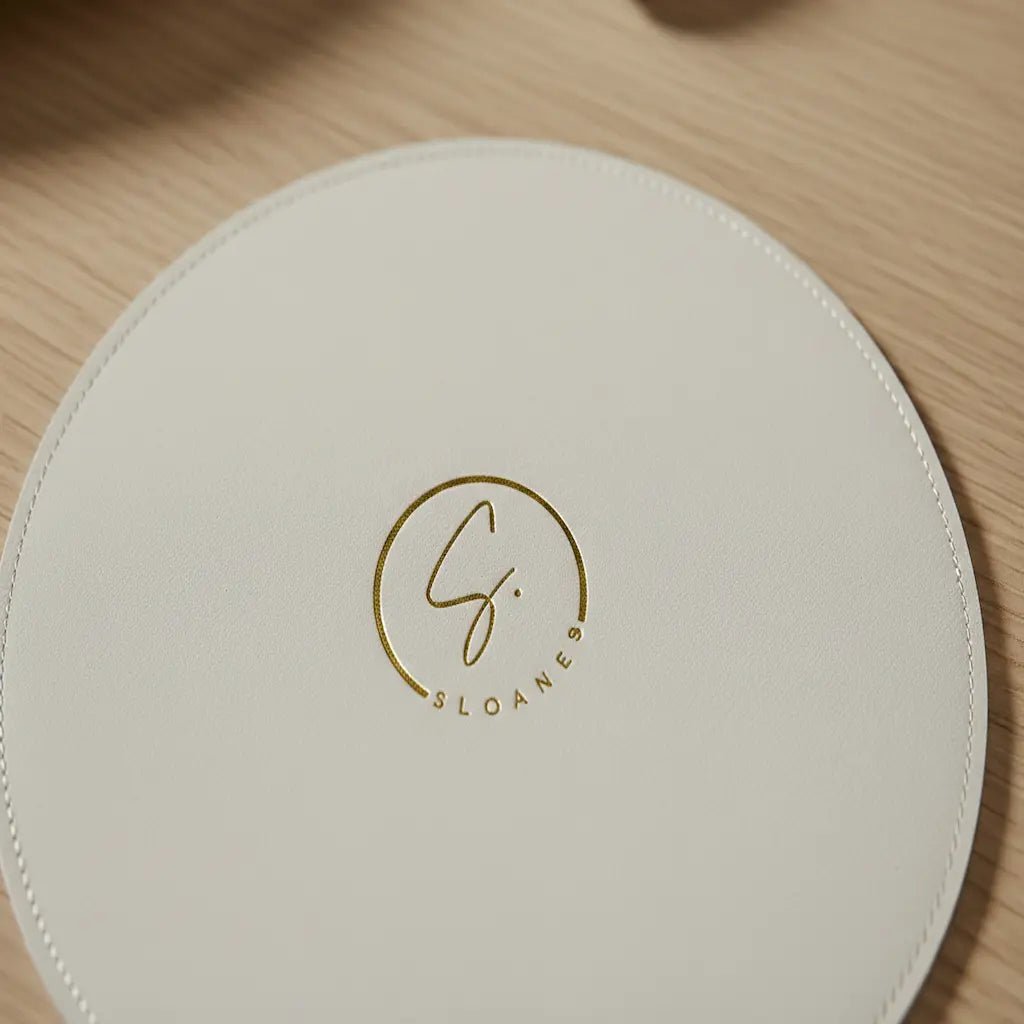 Round beige coaster with 'Sloanes' logo on a wooden surface