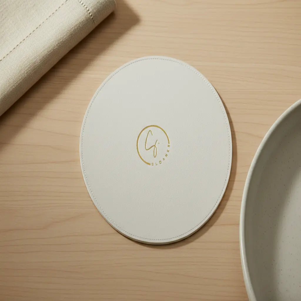 Round beige coaster with a logo on a wooden surface