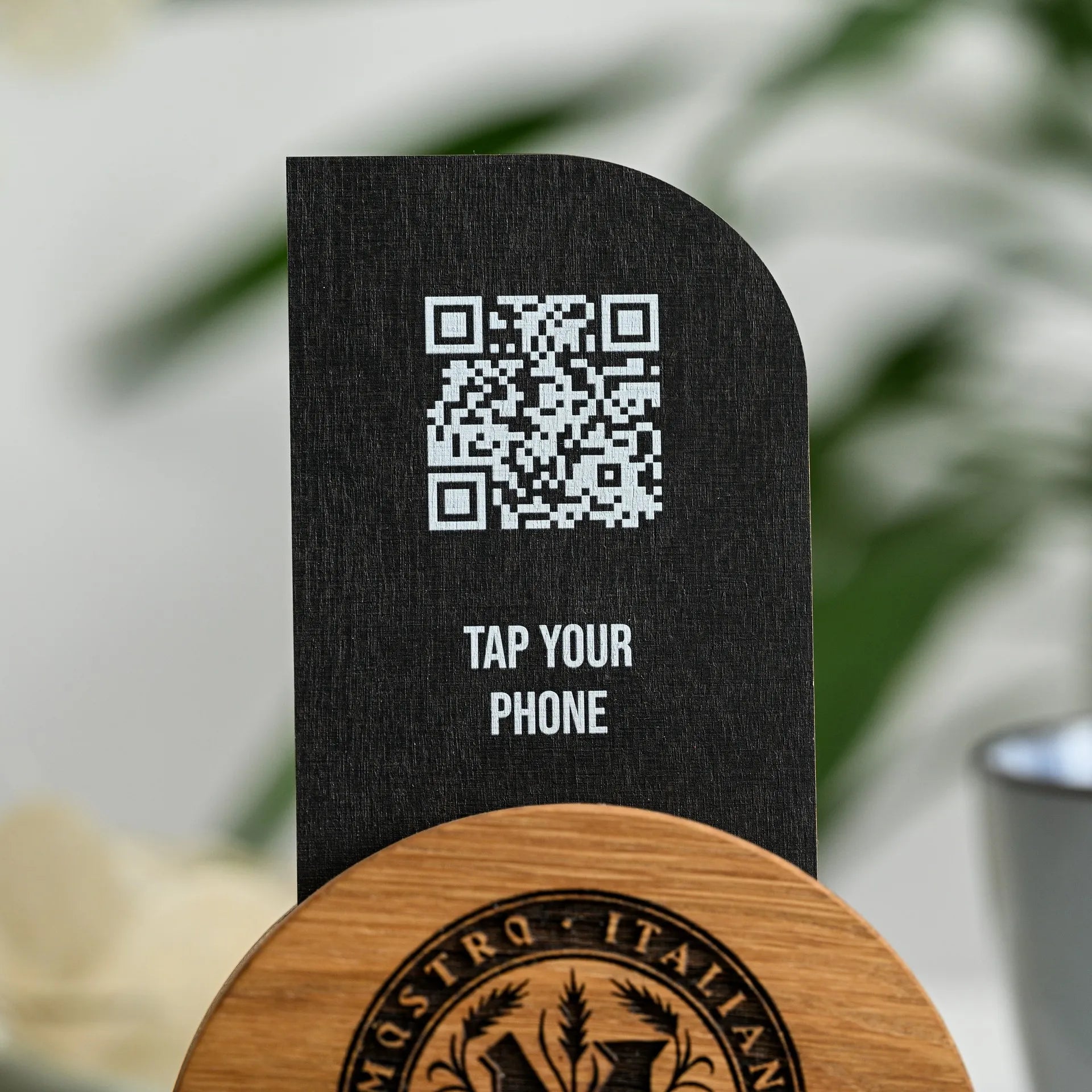 NFC Tag and QR Code Sign at Wooden Stand (NW03) - inkohoreca - shop