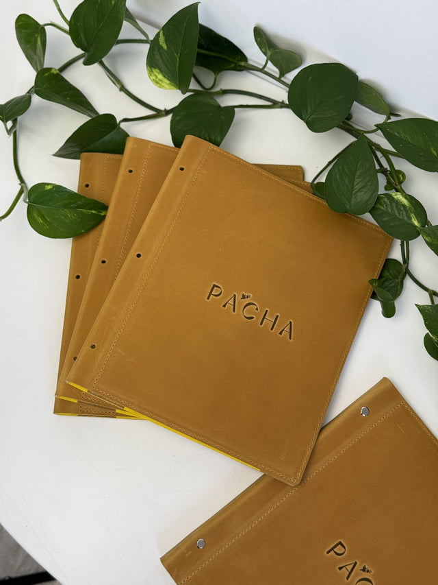 Leather menu folders, blind embossing for Pacha