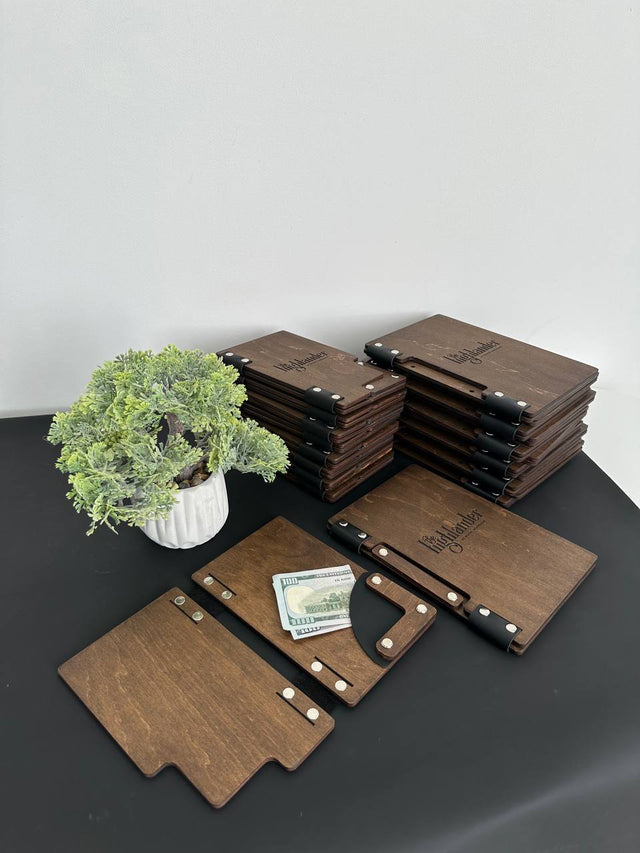 Plywood menu folders & check presenters for The Highlander