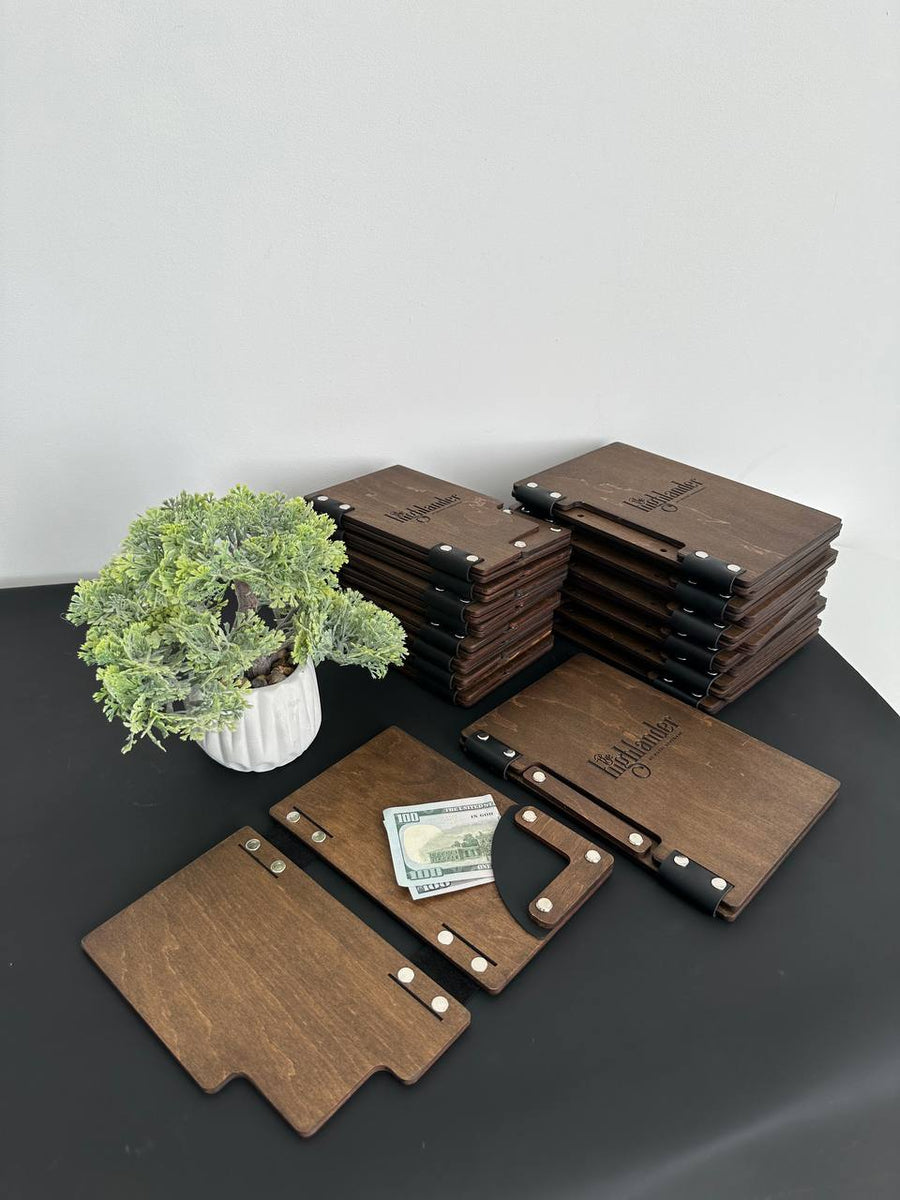 The Highlander — Plywood menu folders & check presenters