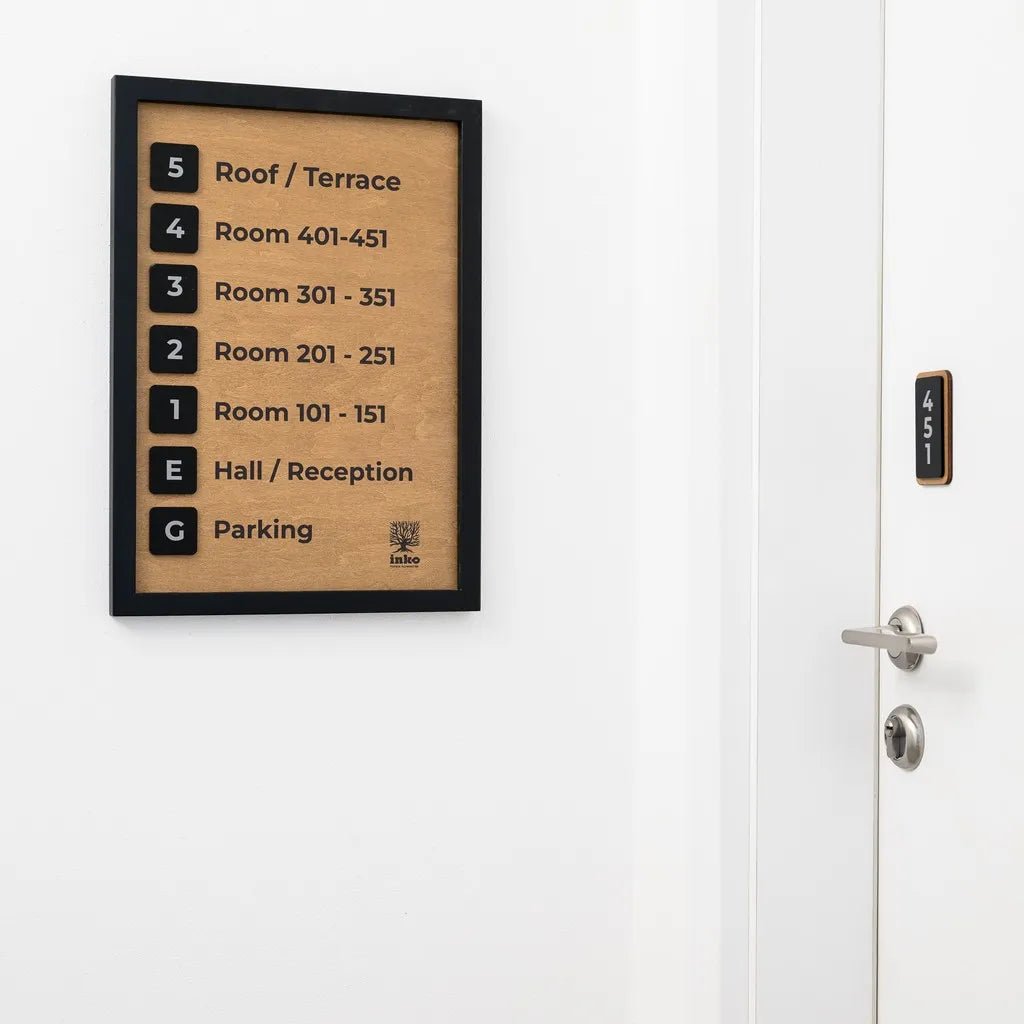 Plywood Hotel Wayfinding Sign with Engraved Floor Guide - inkohoreca - shop