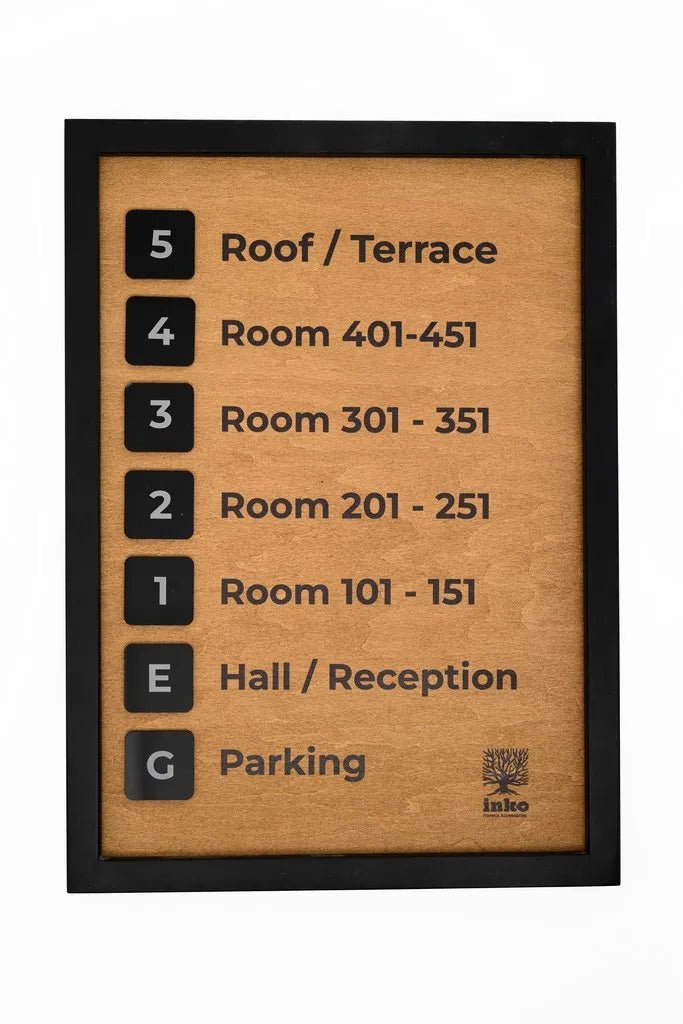 Plywood Hotel Wayfinding Sign with Engraved Floor Guide - inkohoreca - shop