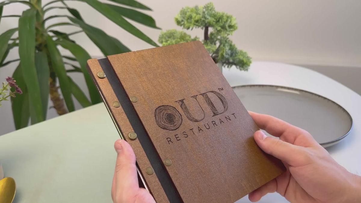 Wooden menu cover with leather strap A5 format — InkoHoreca
