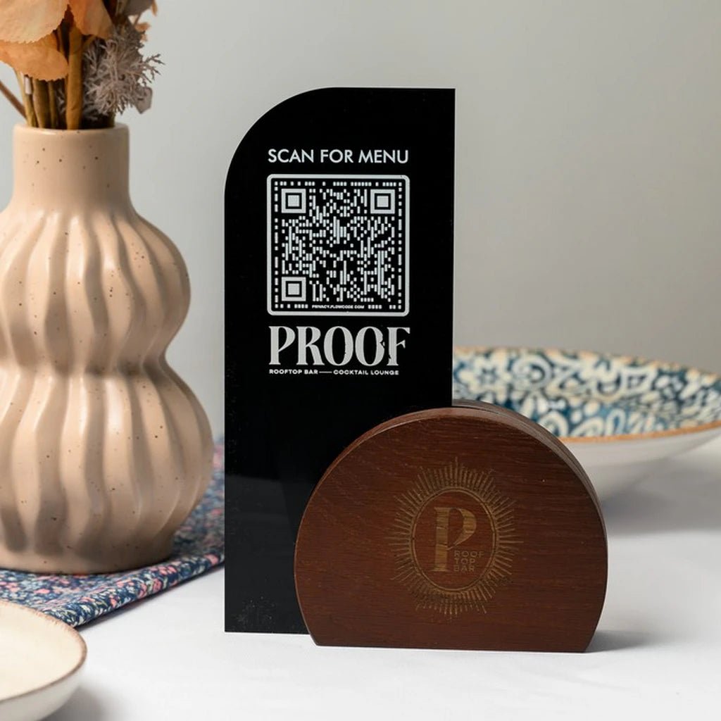 QR Menu Sign on Acrylic Table Stand in Machagony (QW02) - inkohoreca - shop