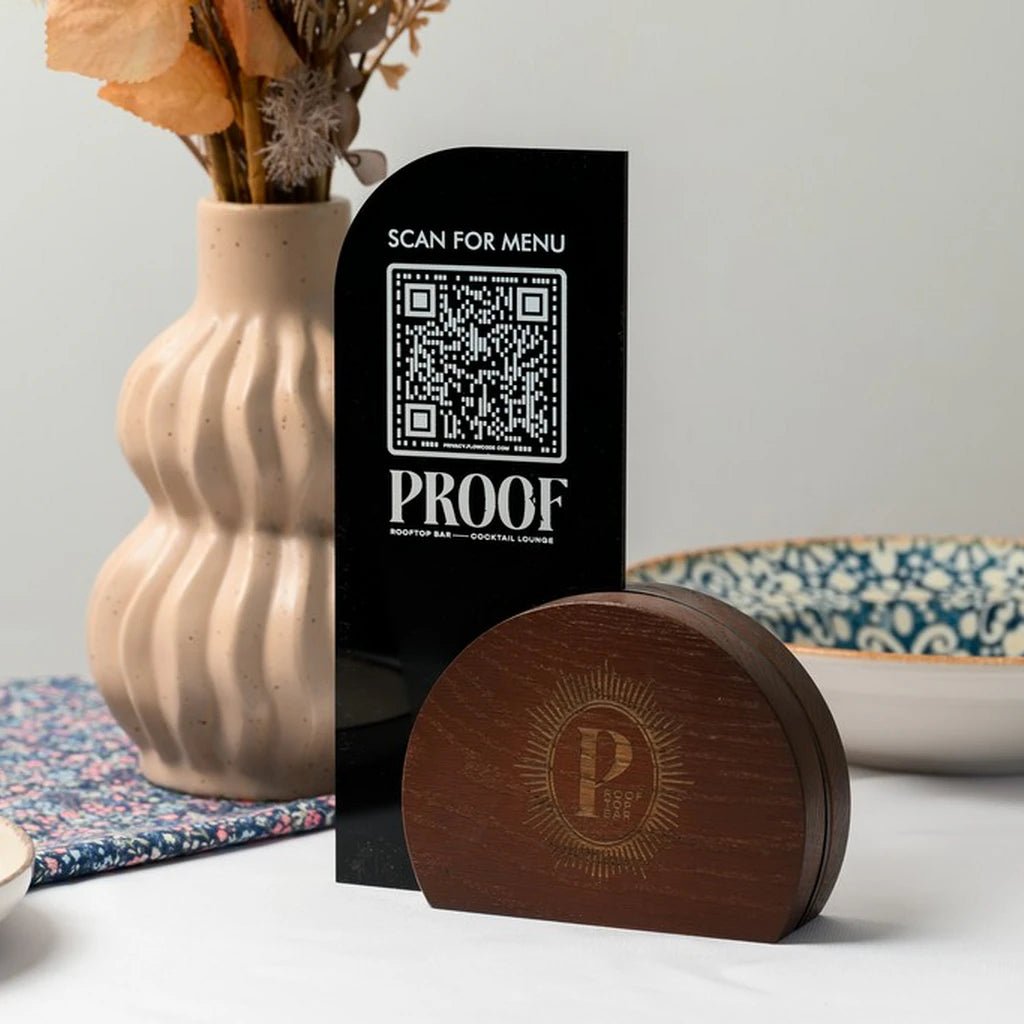 QR Menu Sign on Acrylic Table Stand in Machagony (QW02) - inkohoreca - shop