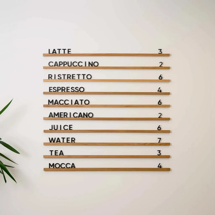 Wall menu board with oiled oak rails