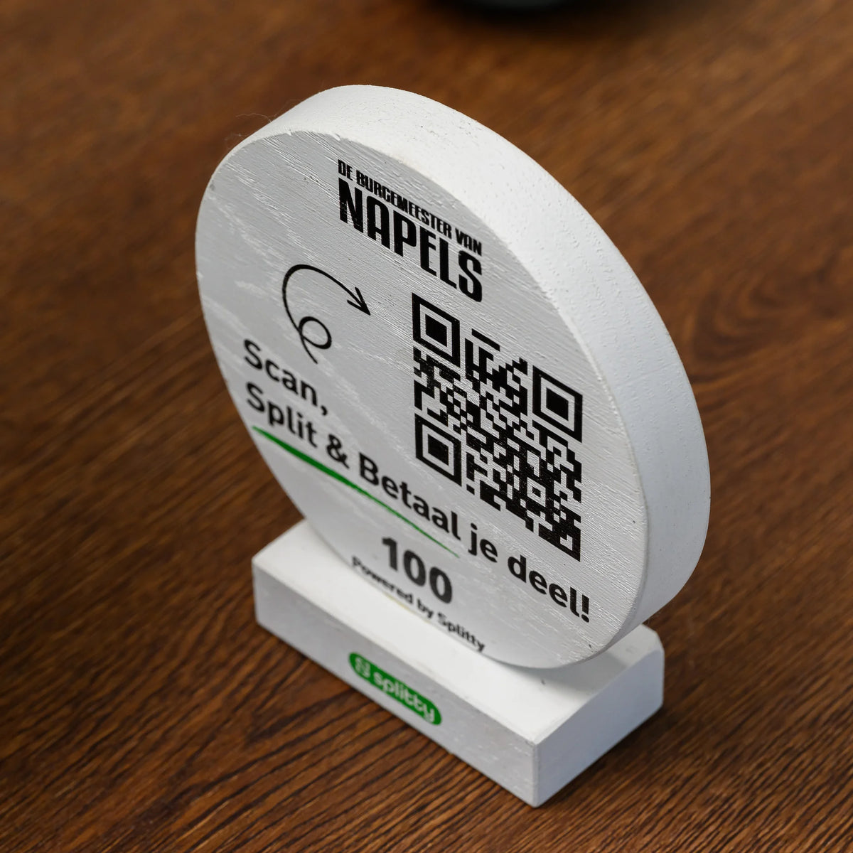 QR Menu Sign Printed on Round Oak in White (QW03)