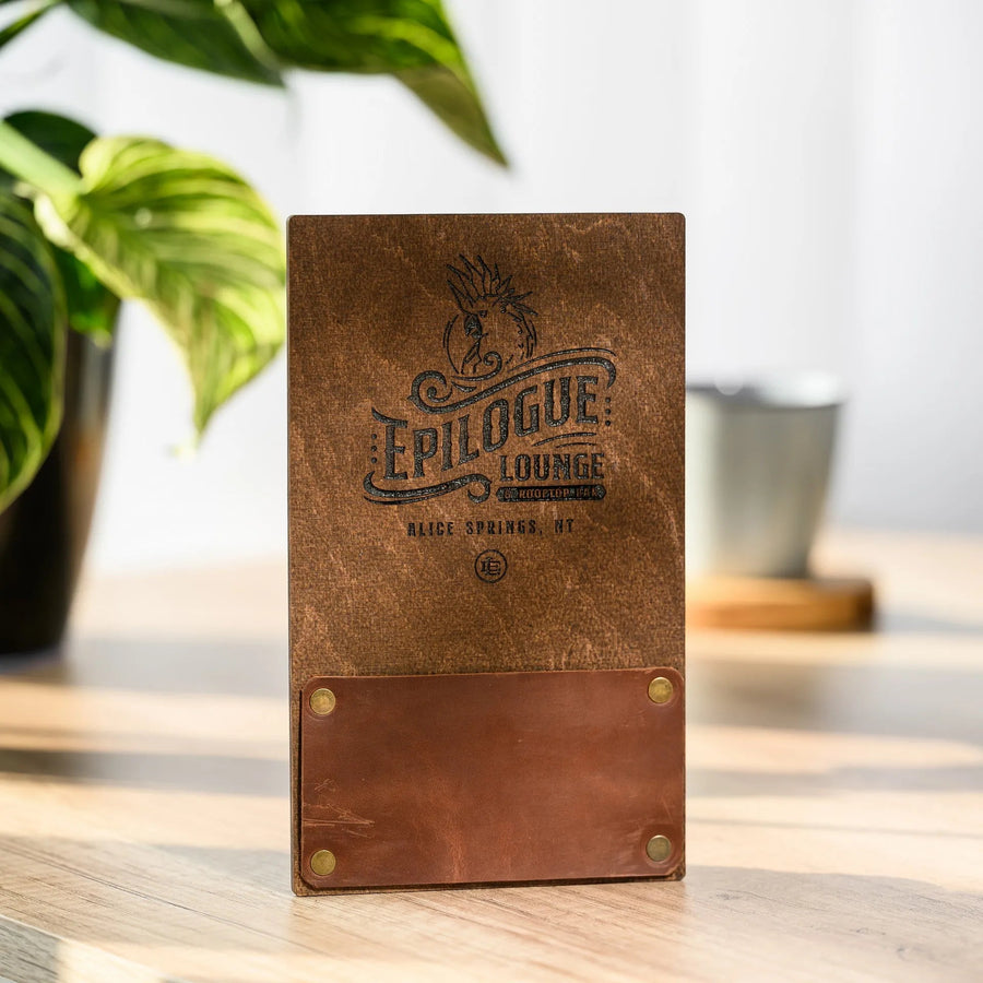 Wooden check presenter with leather pocket