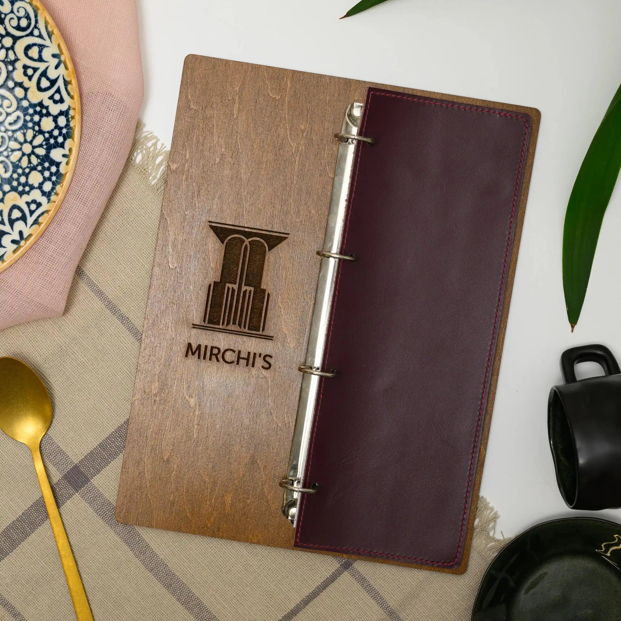 Wooden Menu Board with Ring Binder and Leather Cover (P06A4) - inkohoreca - shop