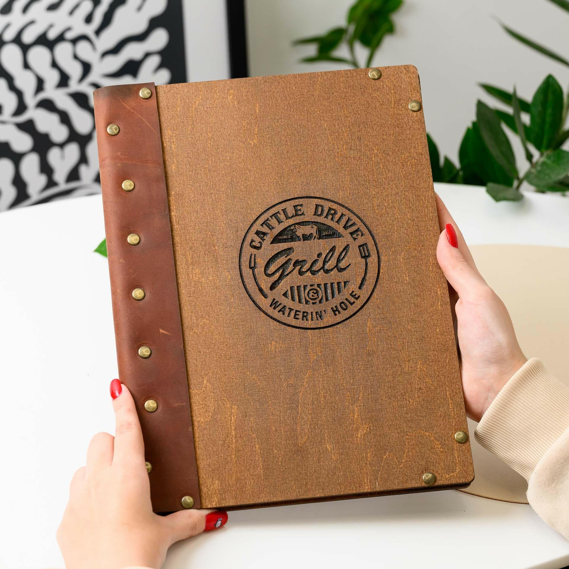 Wooden Menu Clipboard with Leather Spine (M06A4) - inkohoreca - shop