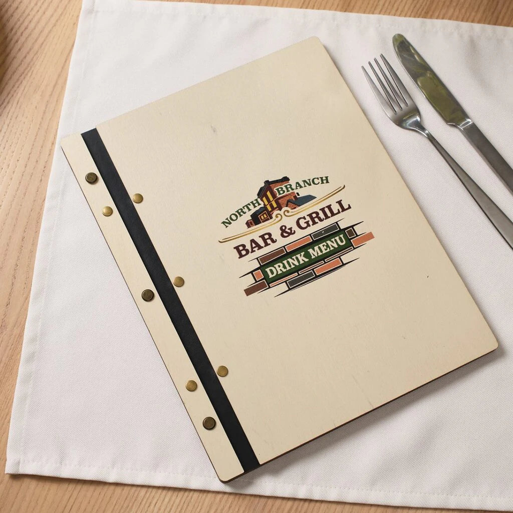 Wooden Menu Cover with UV Print Branding in Ivory color (M01)