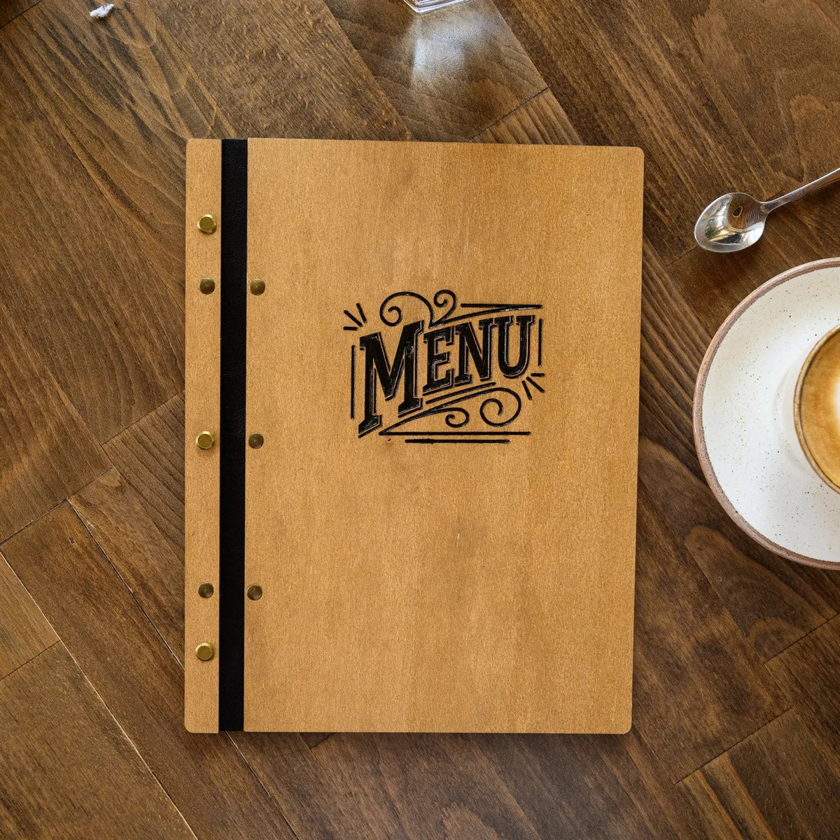 Wooden Menu Cover fastened on Leather Strap in Oak color - Premium ...