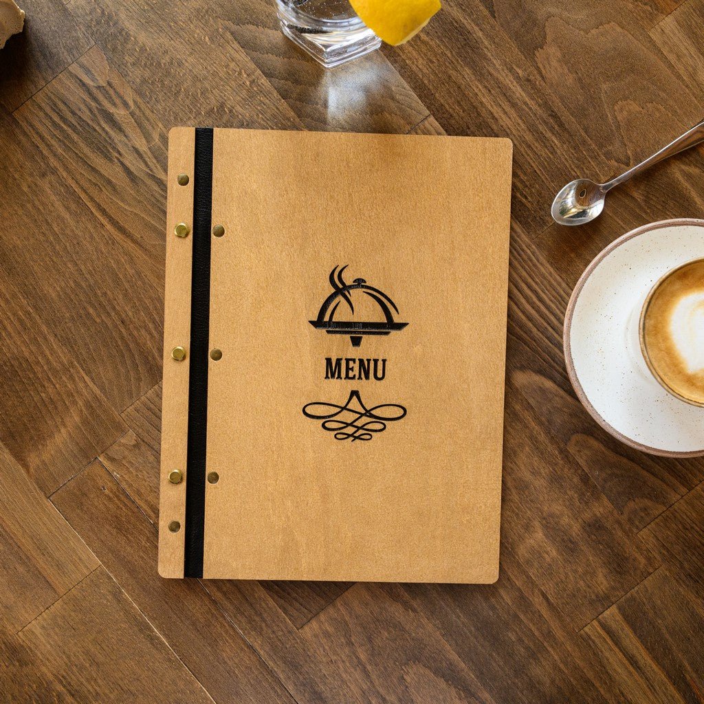 Wooden Menu Holder fastened on Leather Strap in Oak color (M01A2_6) - inkohoreca - shop
