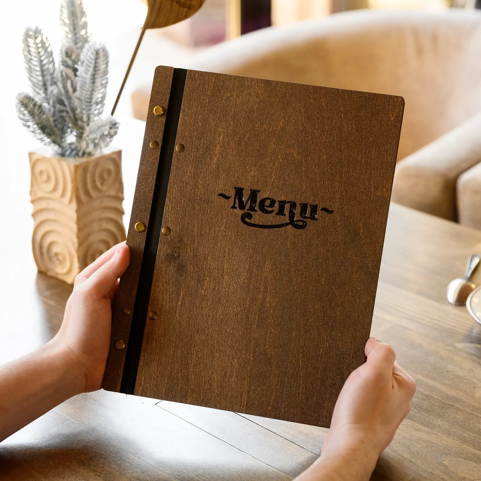 Wooden Menu Holder fastened on Leather Strap in Rosewood color (M01A2_4) - inkohoreca - shop