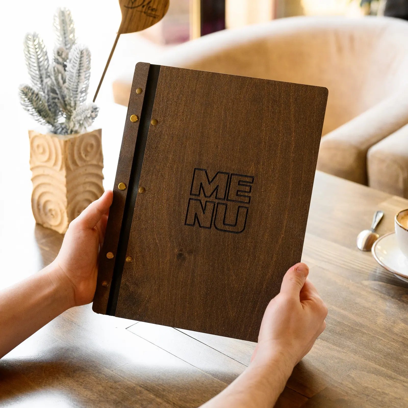 Wooden Menu Holder fastened on Leather Strap in Rosewood color (M01A2_5) - inkohoreca - shop