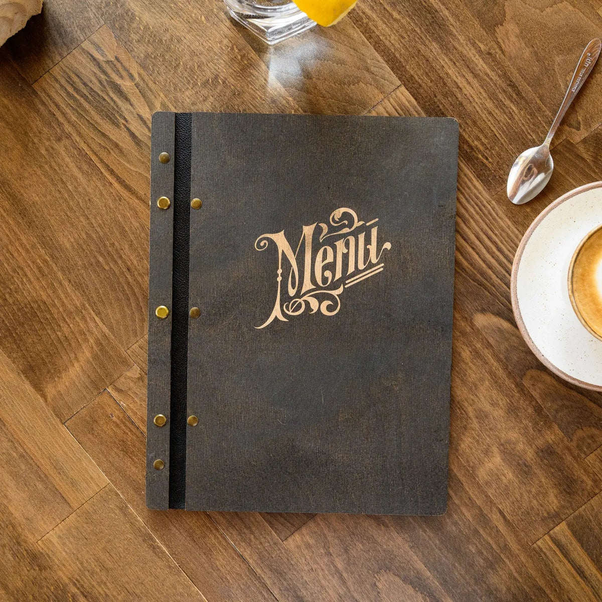 Wooden Menu Holder fastened on Leather Strap in Wenge color (M01A2_3) - inkohoreca - shop