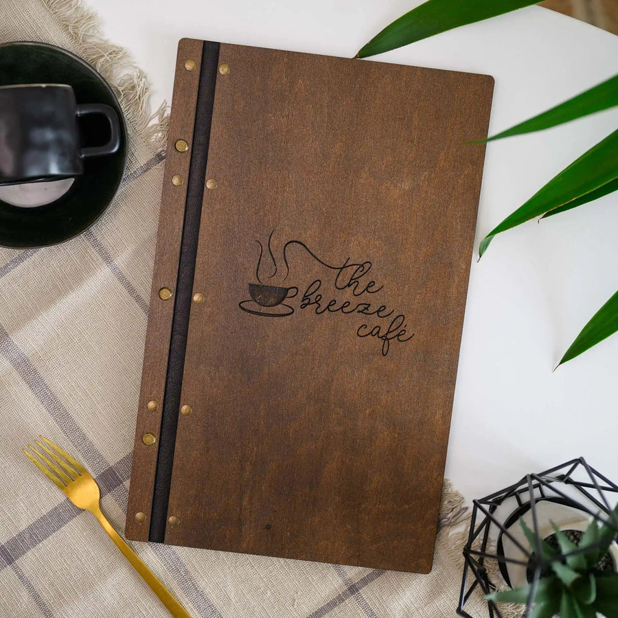 Wooden menu cover on a leather strap