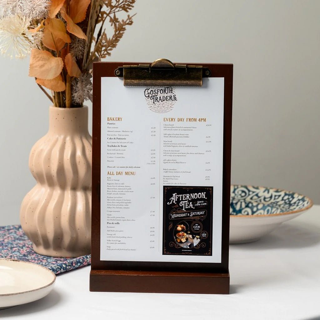 Wooden Menu Holder in Machagony with Brass Binder (TT428A5)  - inkohoreca - shop