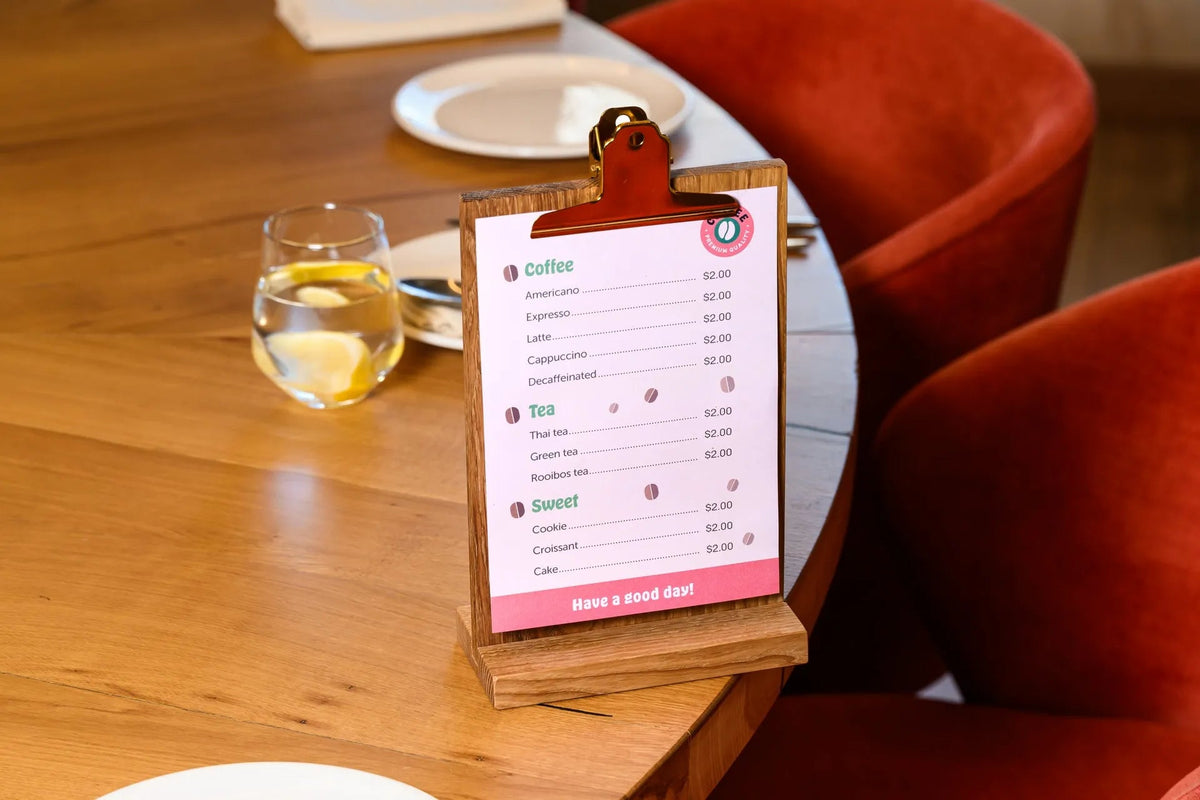 Wooden Menu Holder with Coloured Clip suitable for A5 or Half Letter sheets (TT425A5) - inkohoreca - shop