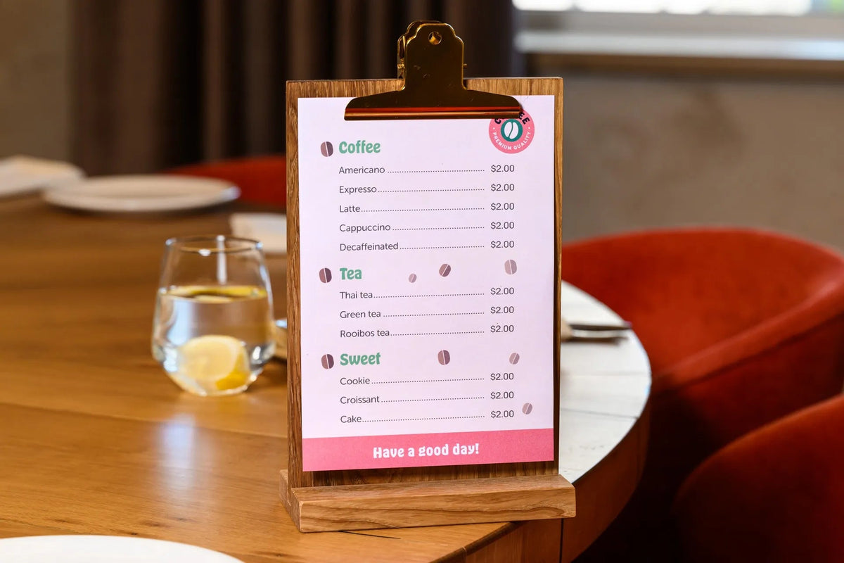 Wooden Menu Holder with Coloured Clip suitable for A5 or Half Letter sheets (TT425A5) - inkohoreca - shop