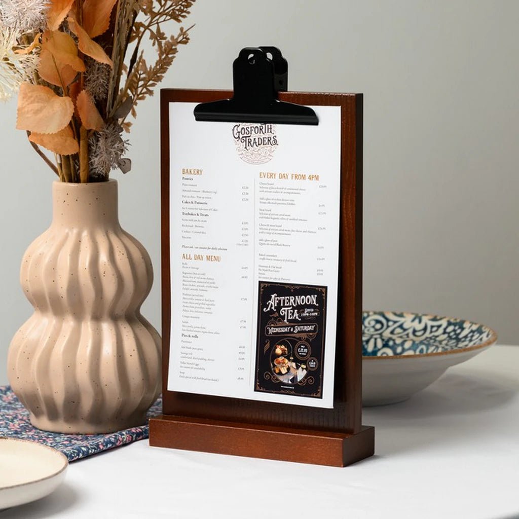 Wooden Oaken Menu Holder with coloured clip in Machagony (TT426A5) - inkohoreca - shop