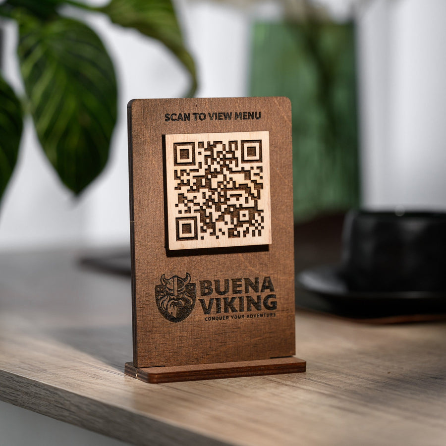 Wooden QR stand with engraved code