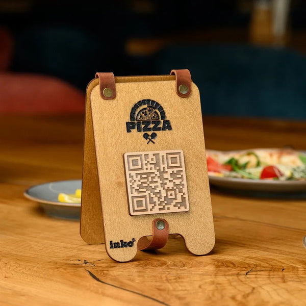 Wooden Tabletop with QR Code Menu Sign - Restaurant Table QR Stand