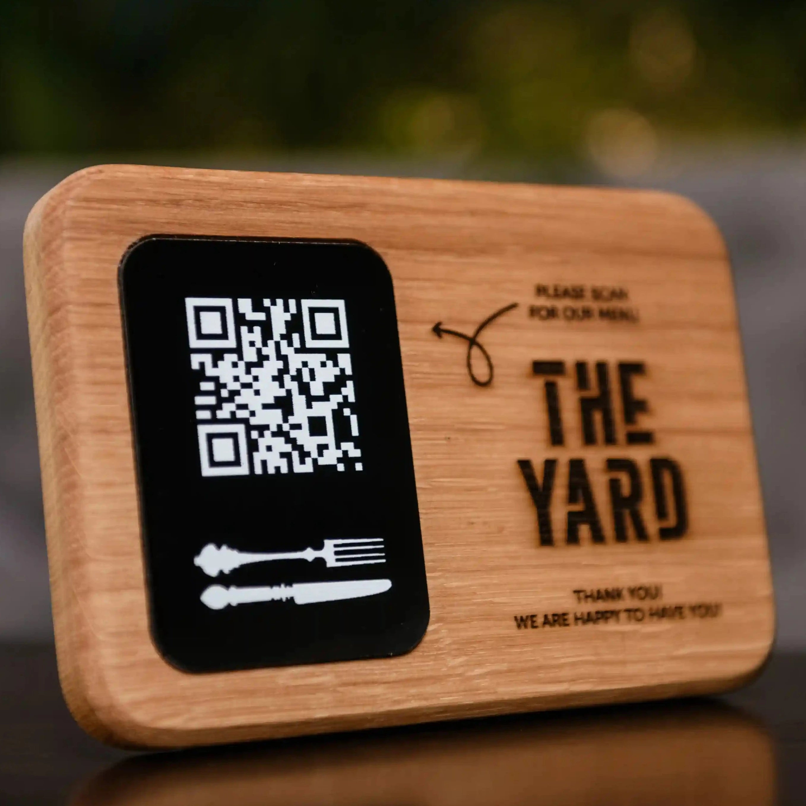 QR Menu Sign on Acrylic Tablet and Oaken base