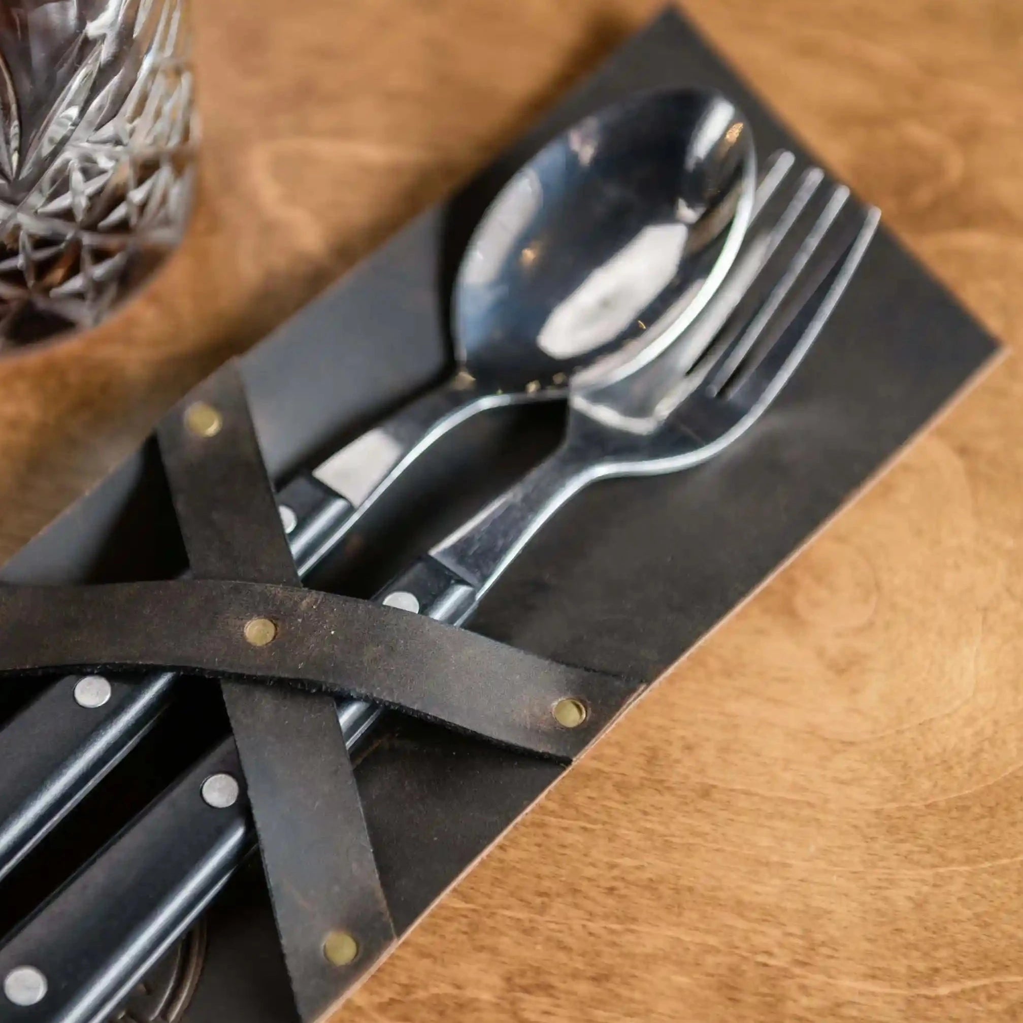 Crazy Horse Leather Cutlery Holder with Two Straps Fixing