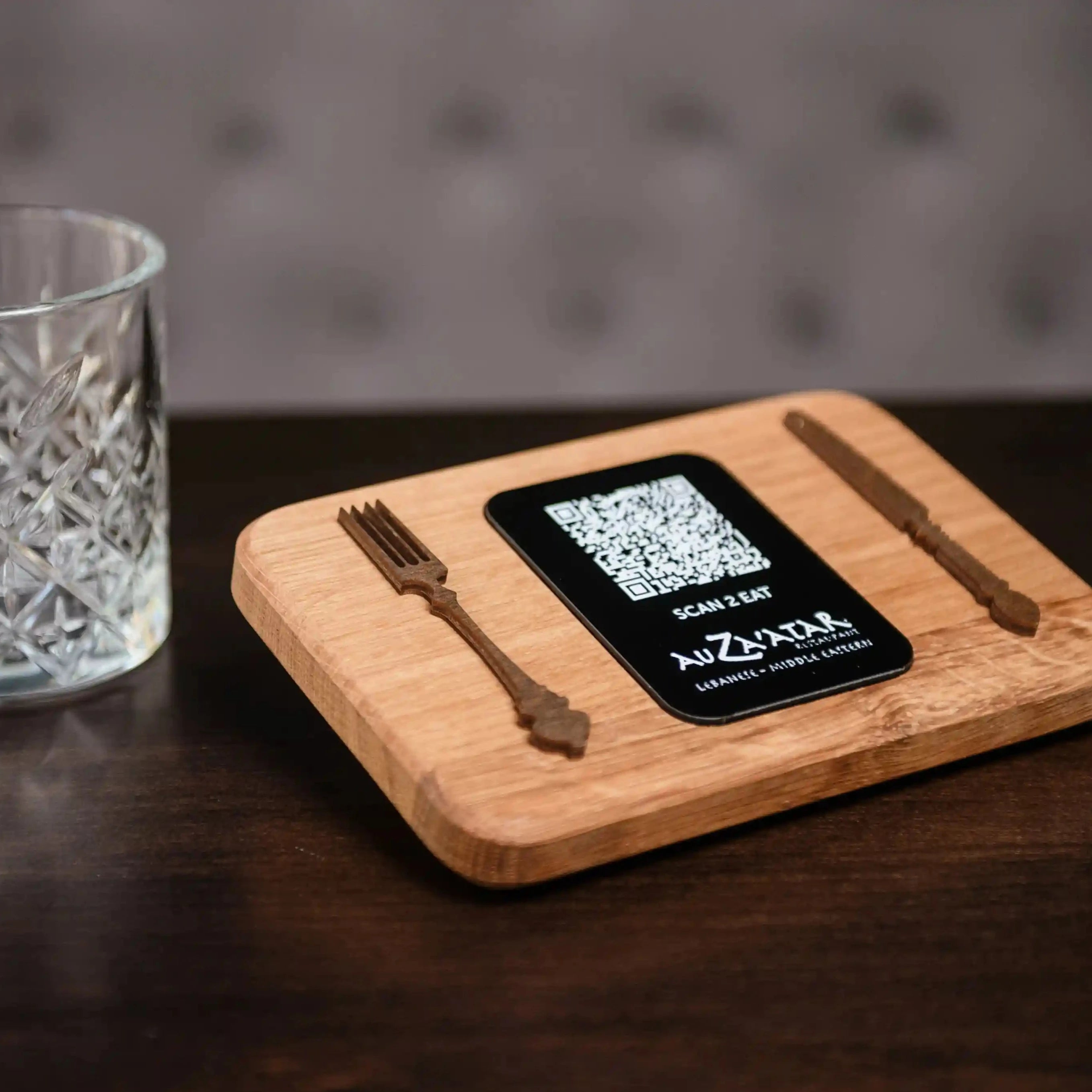 Wooden QR code menu with an acrylic sign, providing a touchless and elegant solution for table menu displays in restaurants and cafes.