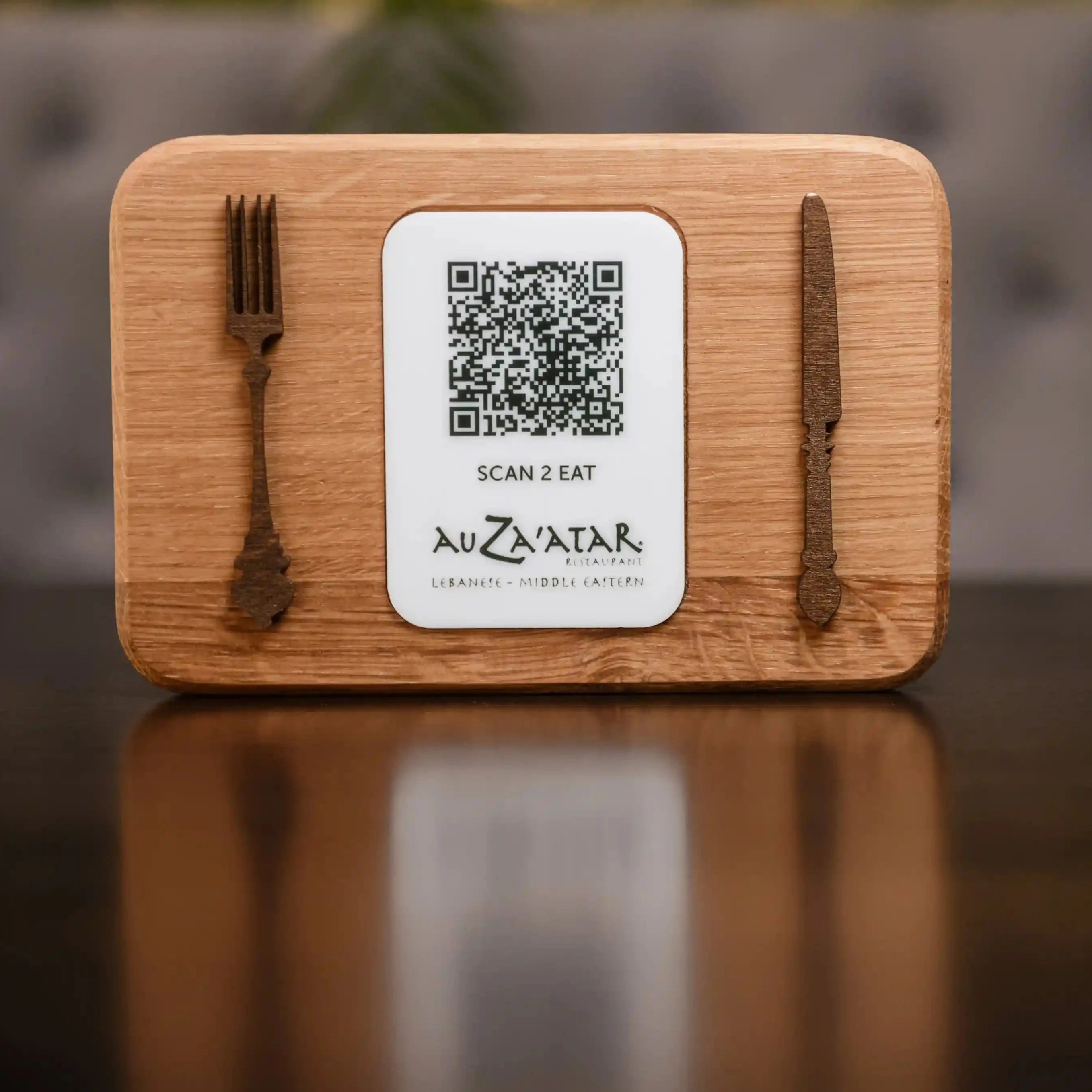 QR Menu Sign on Acrylic Tablet and Plywood Decorative Elements