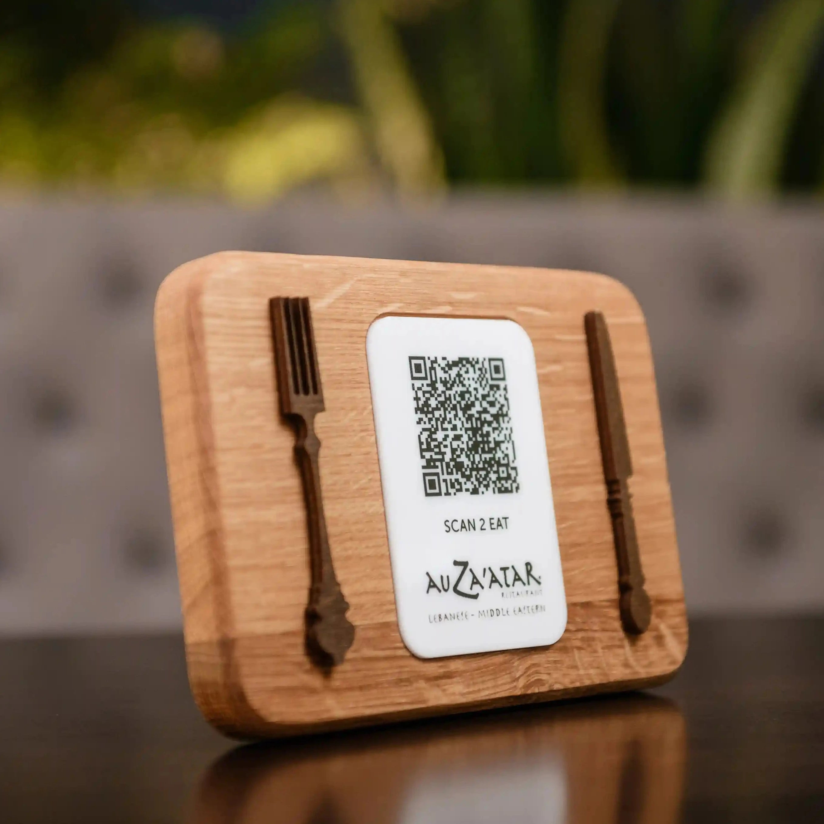 QR Menu Sign on Acrylic Tablet and Plywood Decorative Elements