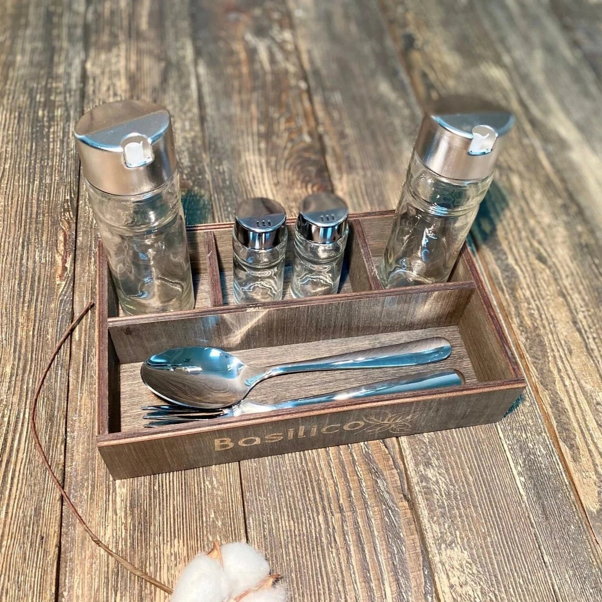 Wooden Holder for Condiments, Napkins, and Cutlery