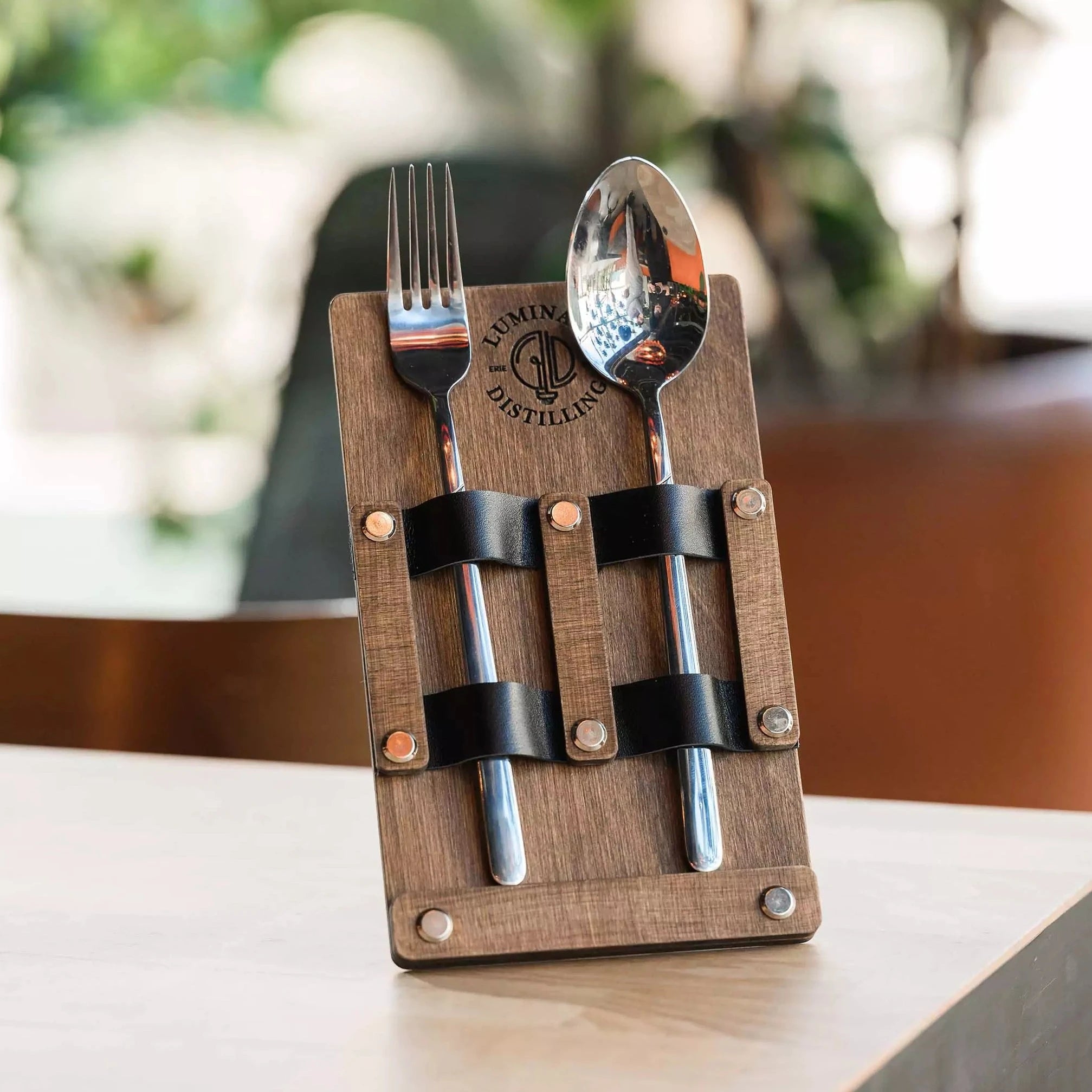 Wooden Cutlery Holder with Leather Holdings